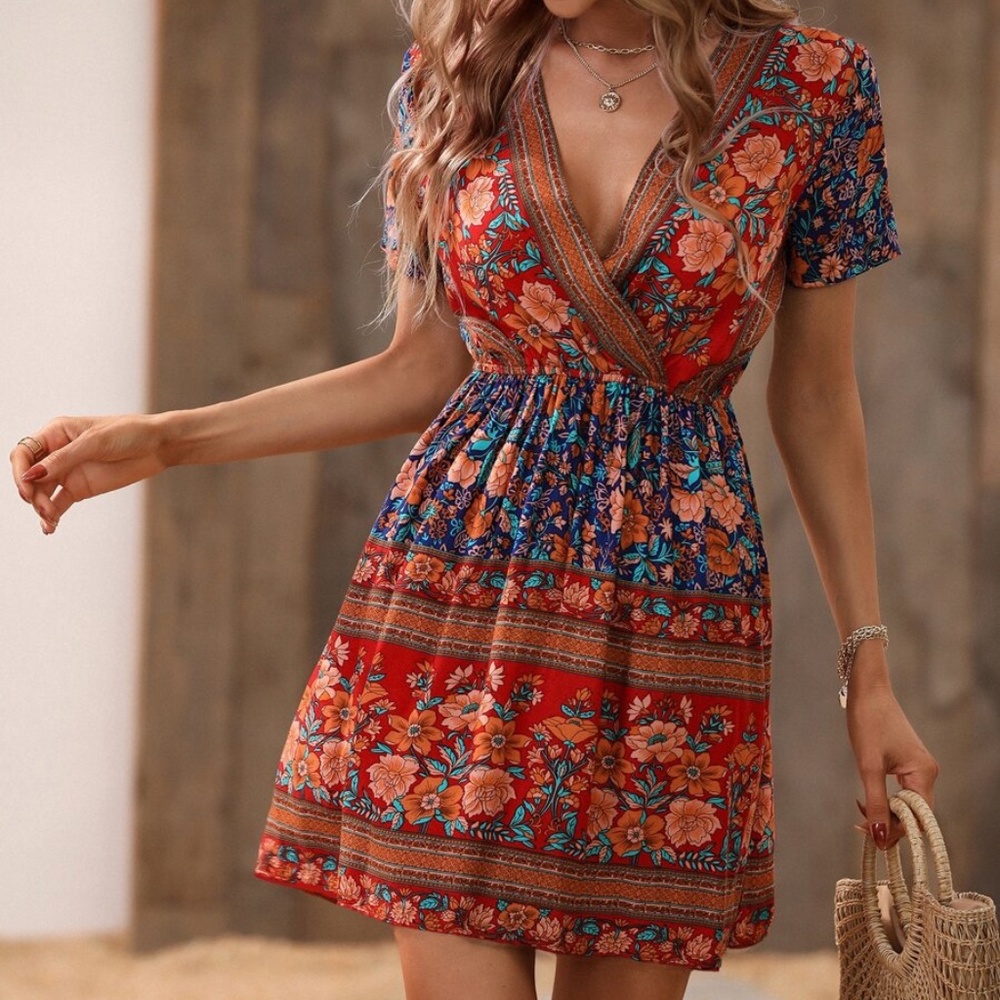 Boho Floral Print Short Sleeve Cottagecore Mini Dress - Picture 2 of 16